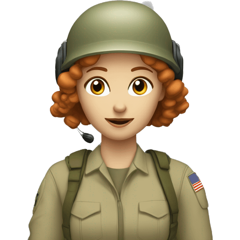 operator dressed in khaki color with a milatary helmet, without glasses, with headset, preferably curly redhead female emoji