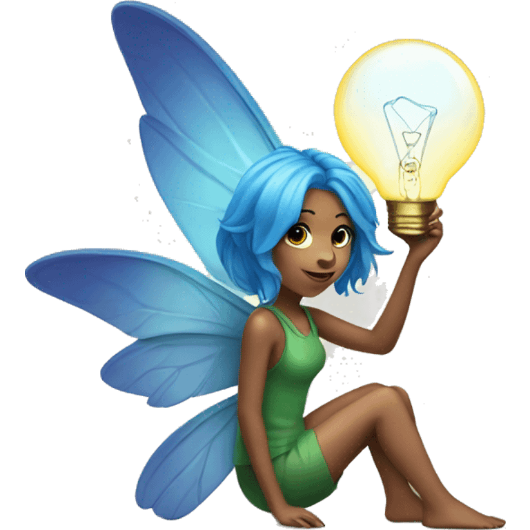 a pixie with blue hair and multicolored wings holding a lightbulb emoji