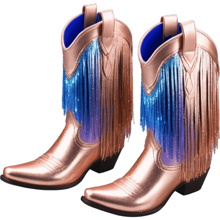 Realistic rose gold and royal blue ombre pair of fashion cowgirl boots with sparkly shiny glitter fringe on them. emoji