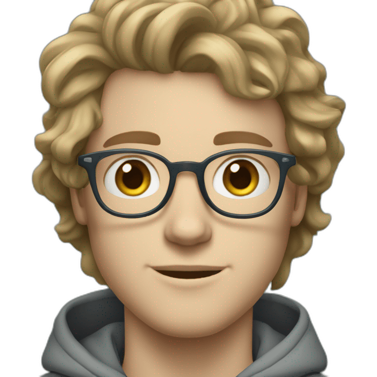 young white guy with wavy hair and a fade in light brown color and round silver color glasses with a grey hoodie on and blue green eyes emoji