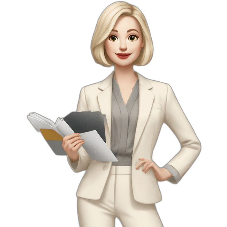 pale skin woman with ash blonde Straightened bob Hair, White Spacious classical jacket, beige palazzo Arrow pants and gray blouse holding a color palette in the hands emoji