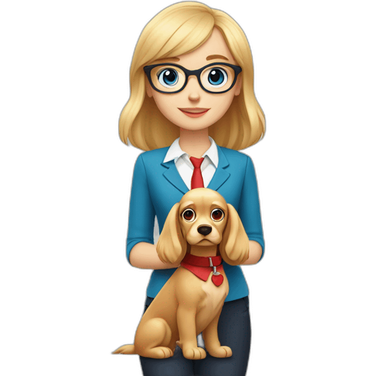 young blonde girl with blue eyes with bangs and a red suit and glasses with her beige cocker spaniel with a red collar emoji