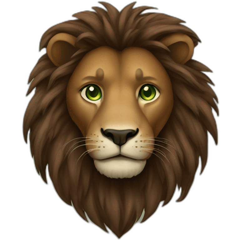 brown lion with a dark brown mane and green eyes emoji