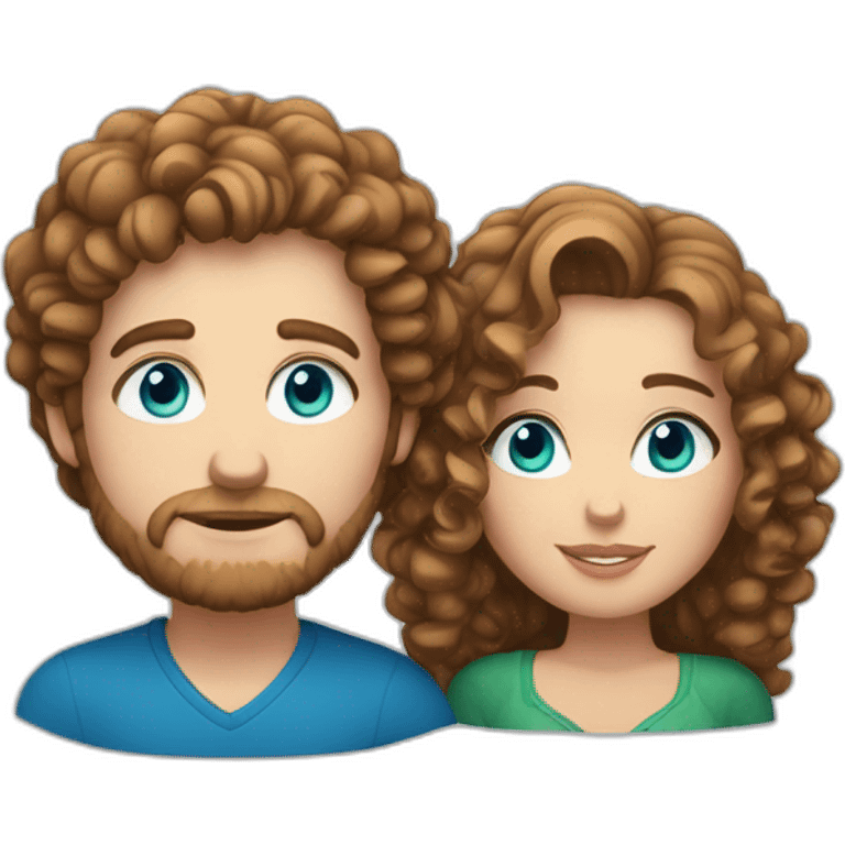 Couple, white European man with brown curly hair and bright blue eyes. chubby wphite woman with long light brown curly hair and blue-green eyes. emoji