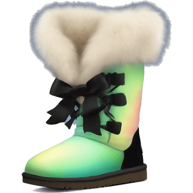 Realistic pair of northern lights ugg fur boots with black bows. emoji