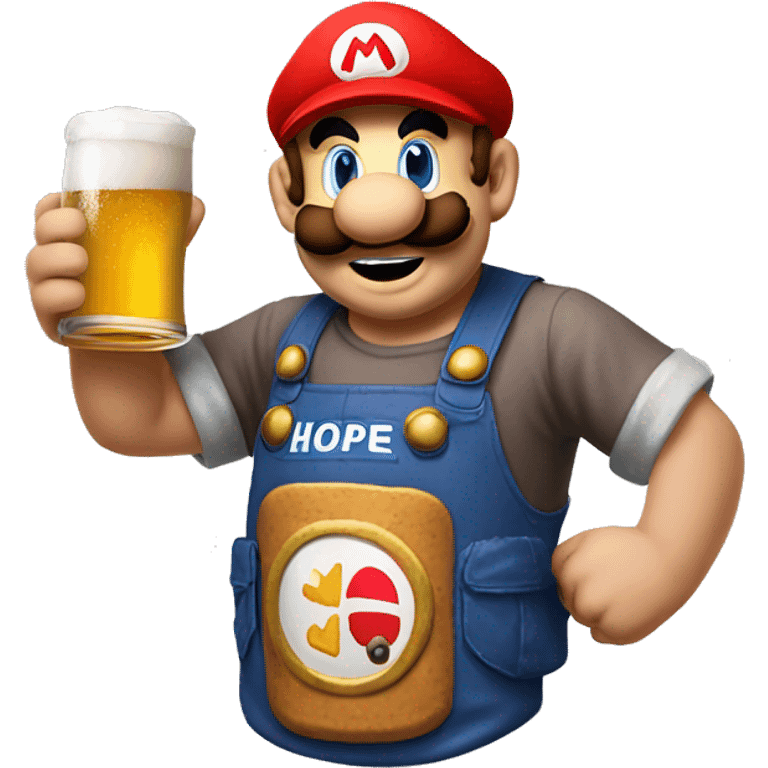 Mario plumber drinking beer with a shirt that says “HOPE” emoji