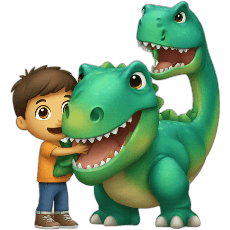 Kid hugging a dinosaur emoji