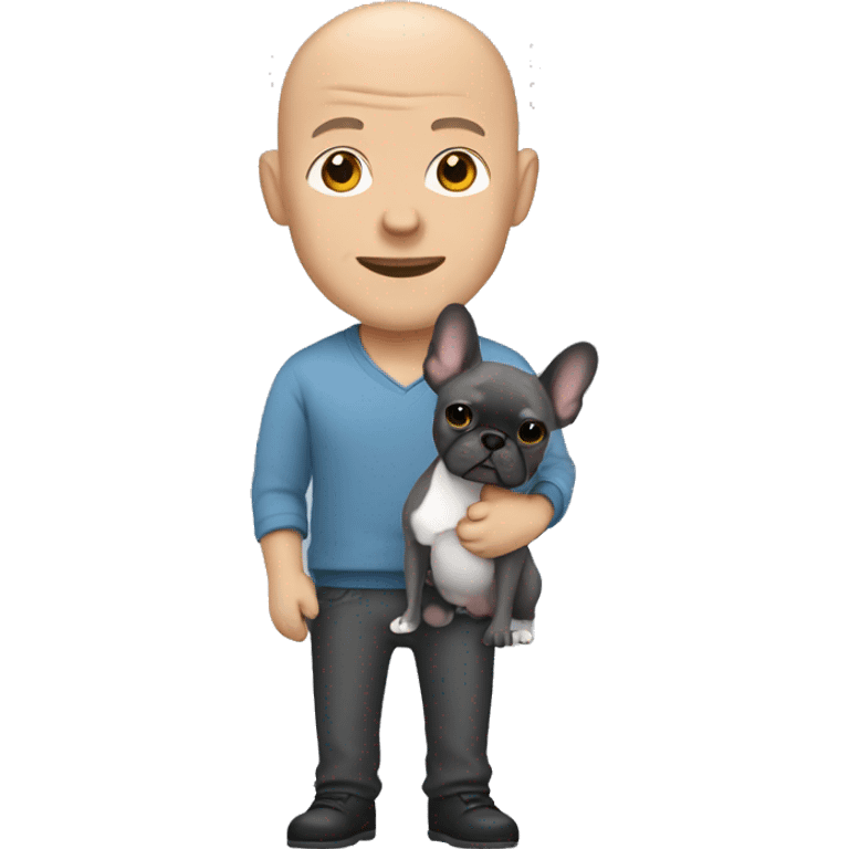 Bald man holding dark grey french bulldog  emoji