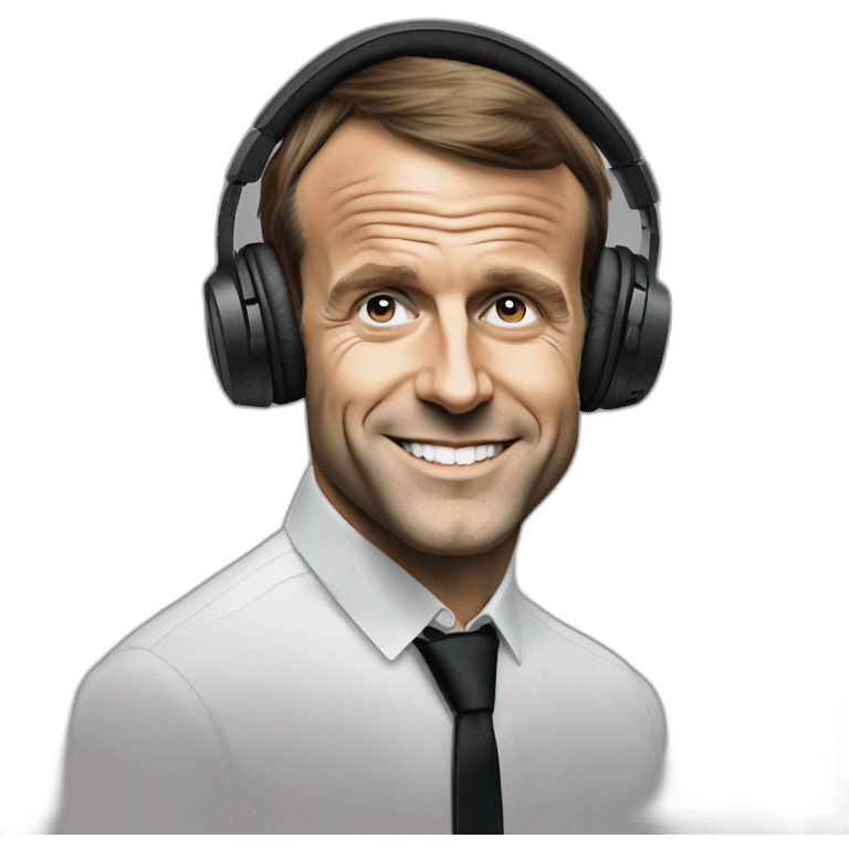 Emmanuel Macron with iPhone wired to earphones vibing at the music emoji