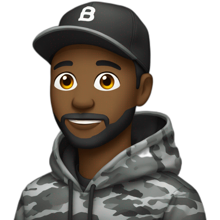 black man with a beard, gray camo hat, black pullover  hoodie emoji