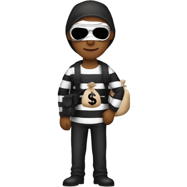 Bank robber wearing black and white striped shirt black eye face mask and holding a brown sack over the shoulder that has the dollar symbol emoji