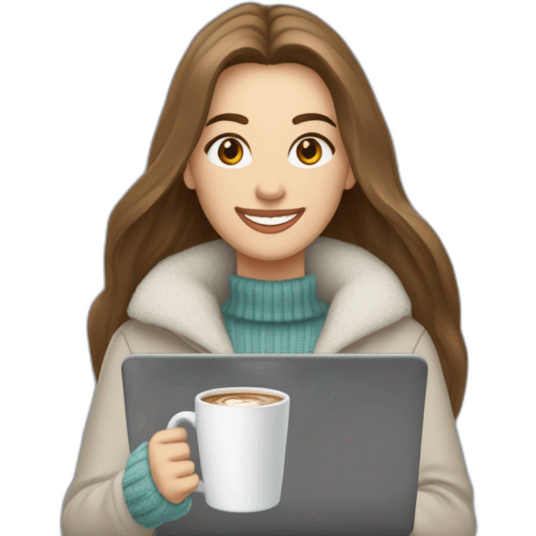 smiling woman with pale skin middle brown long straight hair in a snowstorm with a laptop and a coffee mug wearing a white woolly shirt emoji