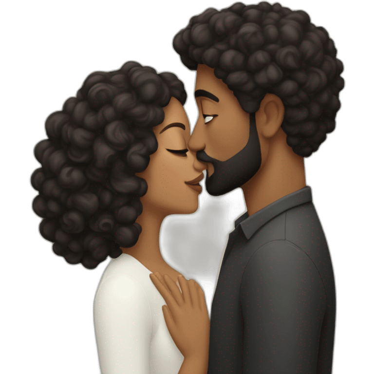 Brown man with a smooth black hair cut fade and a black beard kissing a White woman with long brown curly hair emoji