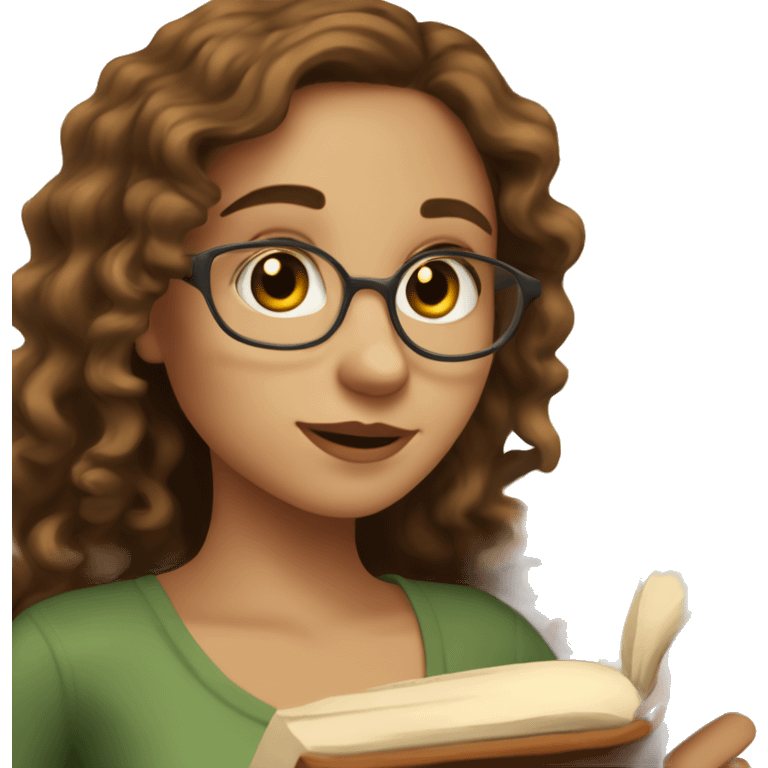 A young woman with long curly brown hair, she has light, white skin, there are two moles on her right cheek, she has brown eyes, she looks not at the camera, but at an open book in her hands emoji