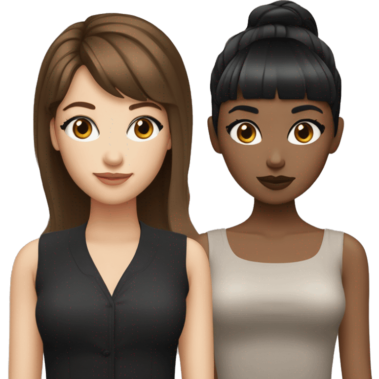 Two white girlfriends. One with brown hair in square, the other with black hair, bangs and a square. In fashionable clothes and beautiful modern makeup emoji