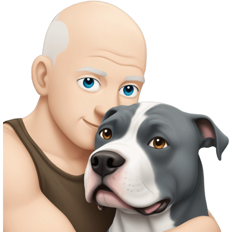 white bald man with blue eyes hugging dark grey American bulldog  emoji