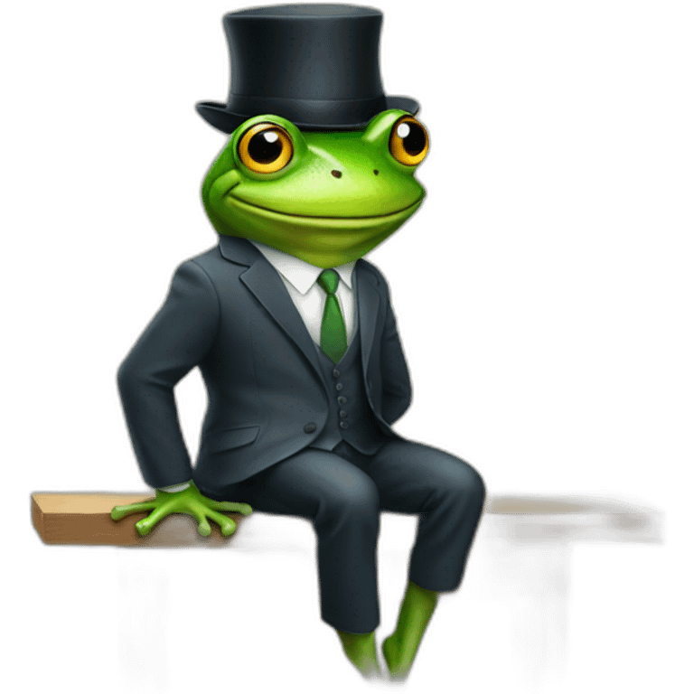 A frog wearing a suit looking straight sitting on a table and wearing a hat emoji