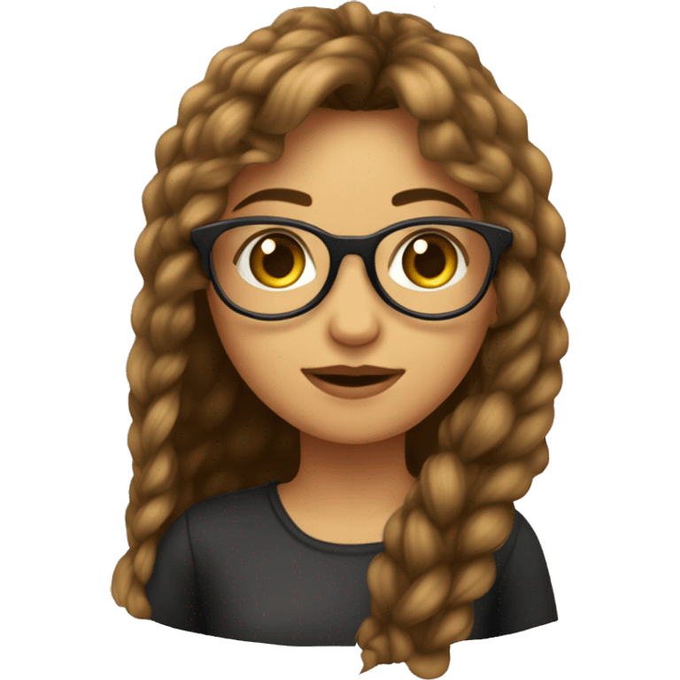 Una chica con cabello largo y cobrizo, con flequillo al costado. Con lentes y ojos marrones  emoji