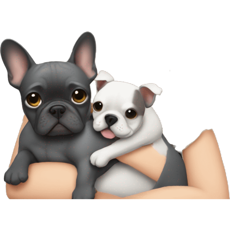 A blonde with a square hugs a gray French bulldog emoji