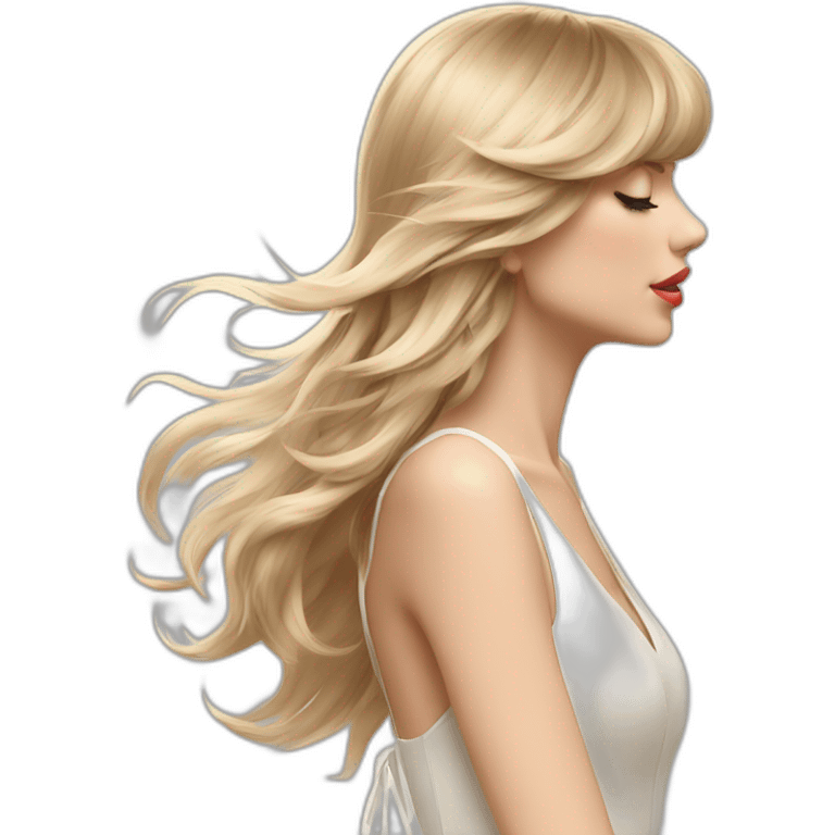 taylor swift side profile longer hair flying wind blowing, eyes closed white strap dress emoji