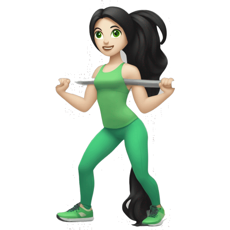 Pale girl with long black hair and green eyes lifting weights emoji