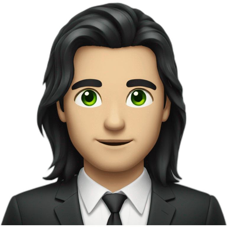 a man with long dark hair in a suit, green eyes emoji