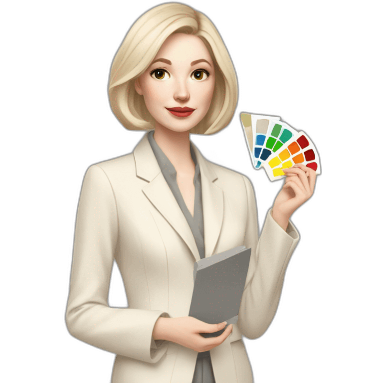 pale skin woman with ash blonde Straightened bob Hair, White Spacious classical jacket, beige palazzo Arrow pants and gray blouse holding a color palette in the hands emoji