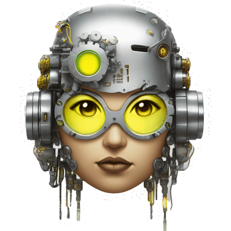 Fat Caucasian female cyborg head with Neon yellow bobbed hair, silver steampunk goggles and circuits emoji