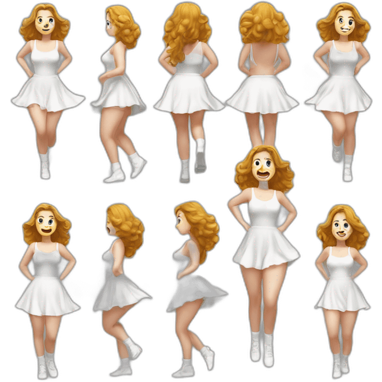 realistic full body caucasian curvy beauty jumping short dress back and front views strong wind white knickers long white socks emoji