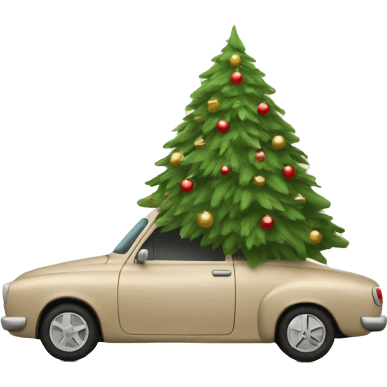 a beige car carries a beautiful Christmas tree emoji