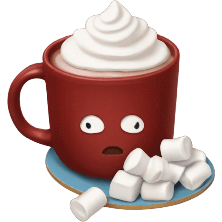 Deep red mug of hot choloate with marshmallows and whipped cream on top emoji