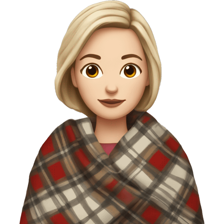 white girl short brown hair wrapped in cozy plaid blanket emoji