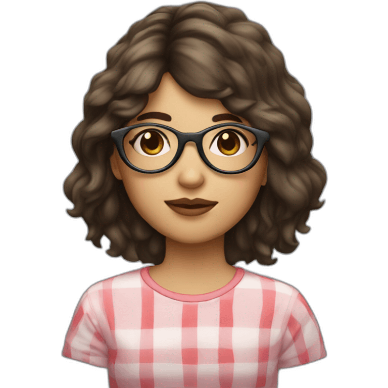 Brunette girl with circle glasses and mullet long hair and a strawberry emoji