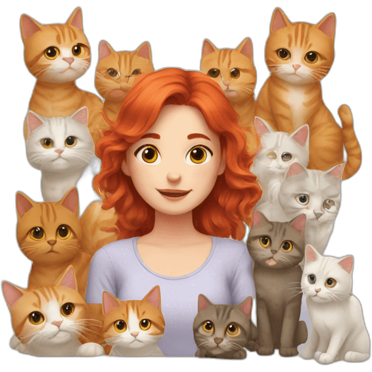 a red haired girl surrounded by 9 cats emoji