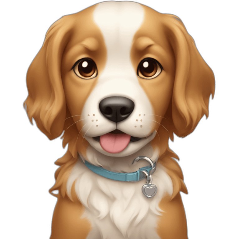 Caramel and white puppy with long hair with a collar around the neck written "Malu" emoji