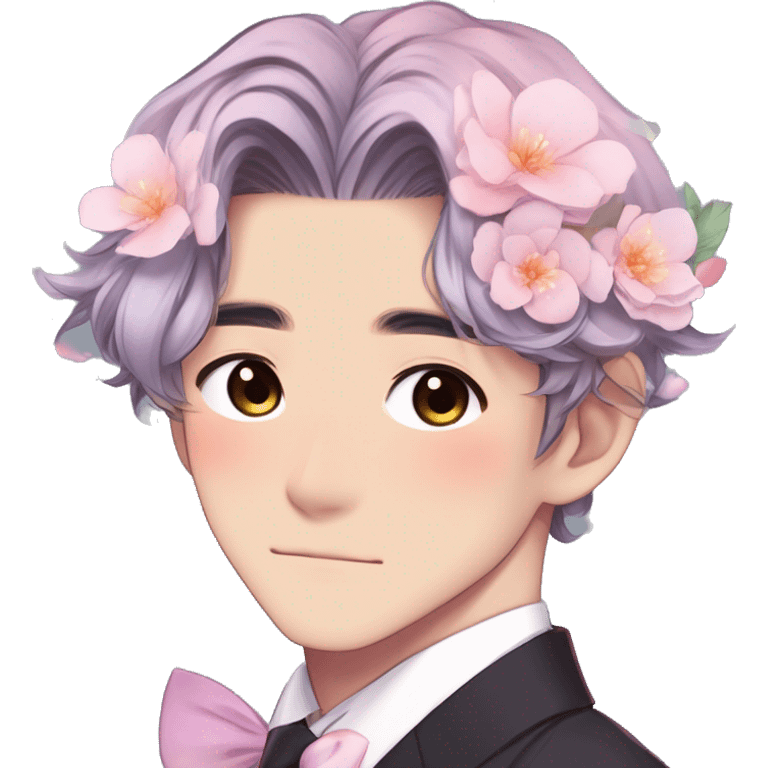 Gorgeous romantic sexy attractive anime style Asian formal modern gentlemanly guy with pretty hair and flower petals and blushing face aesthetic trending style with colorful gradient colors  pastelcore cottagecore kawaiicore emoji