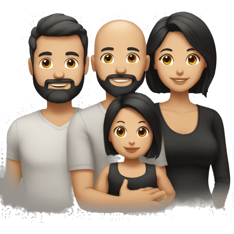 Family, bald tan dad with black beard, pale mom with long straight black hair, tan infant baby girl with black hair emoji