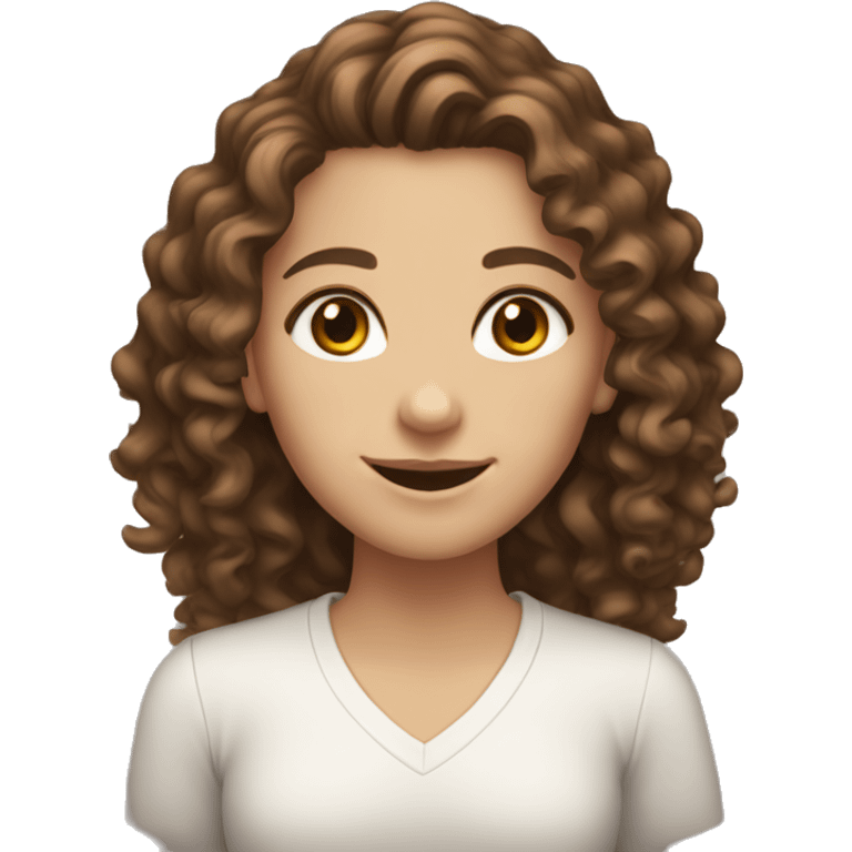 a white girl with brown curly long hair, brown eyes and smiling  emoji