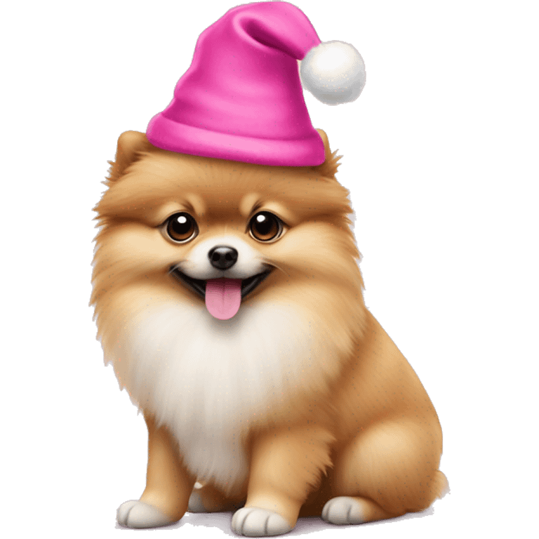 Pomerian puppy with pink Christmas hat emoji