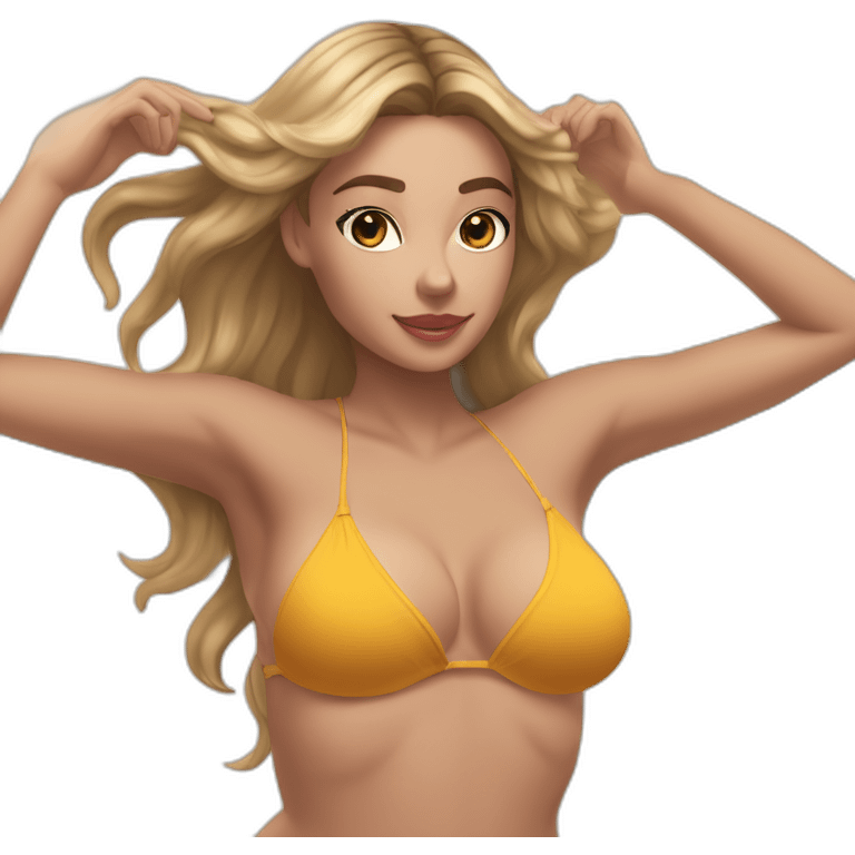 Slim-thicc Caucasian woman bikini hands in hair pose (beach body) emoji