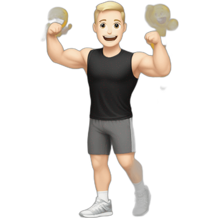 Joyful Celebrating victory Pale skinned Fit Man With the biceps and dark brown hair in black shirt, gray sports shorts and white Sneakers emoji