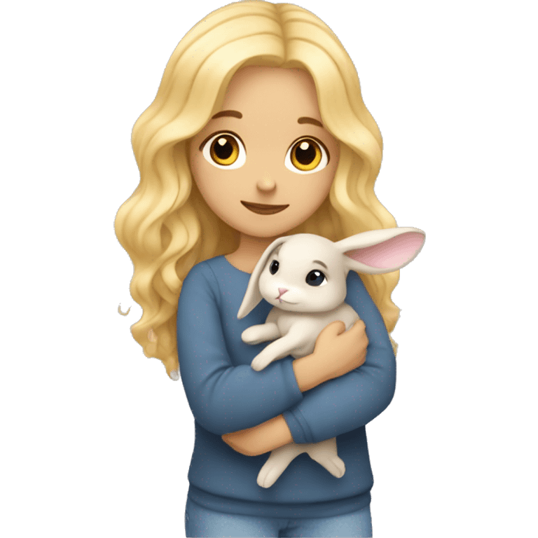 Blond wavy hair girl cuddling a small honey grey rabbit emoji