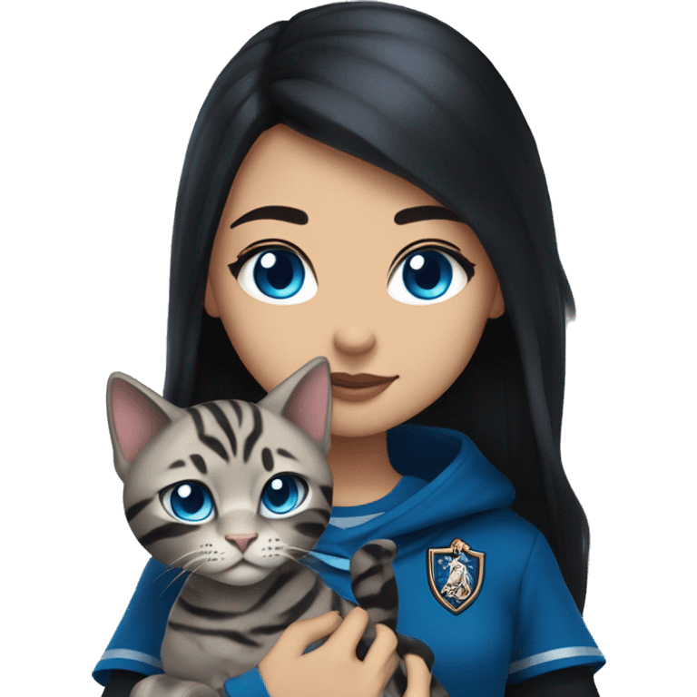 Girl with light skin, blue eyes, shoulder length straight black hair, wears a ravenclaw outfit, with a silver bengal cat holding in her arms emoji