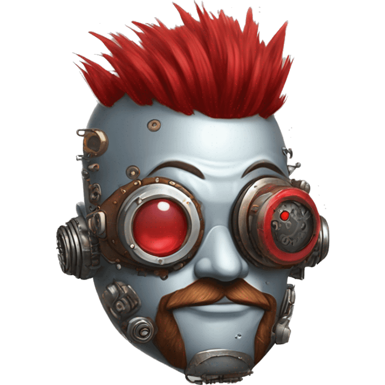 Round cyborg head with red Mohawk, red beard. silver steampunk monocle goggles a smile and circuits emoji