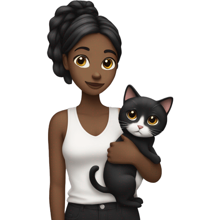 Straight hair Black girl holding black/white cat emoji