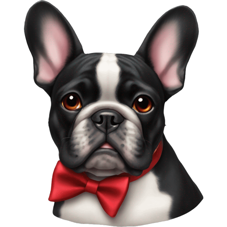 an all-black French bulldog with a red bow tie emoji