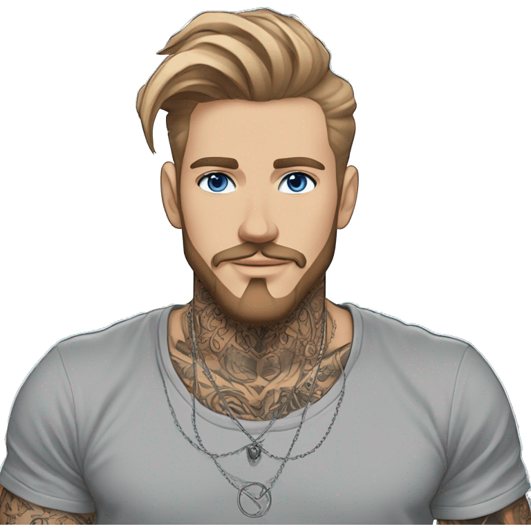 Man with Light brown hair, neck tattoos, arm tattoos, mustache and beard, blue eyes, silver nose piercing hoop, black anime graphic tee emoji