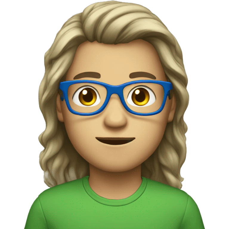 a boy in a green shirt, blue glasses and long hair   emoji