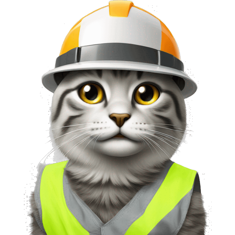 Construction Cat with cyber eye, high visibility vest and hard hat futuristic  emoji