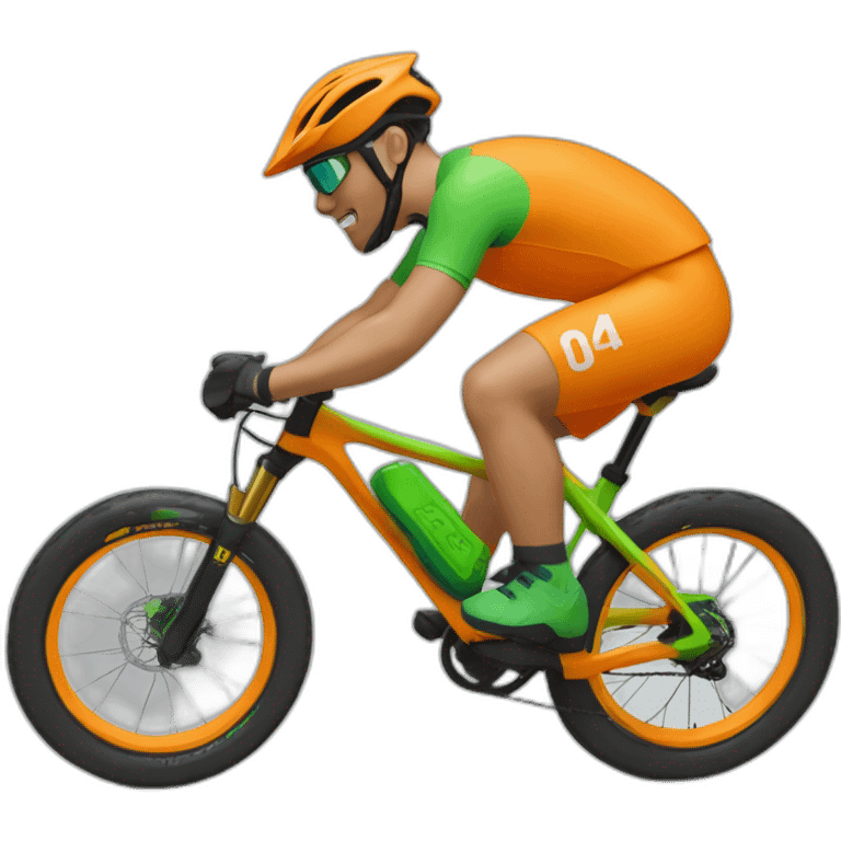 Mountain biker con green bike, green casco, and maillot naranja  saltando un charco emoji